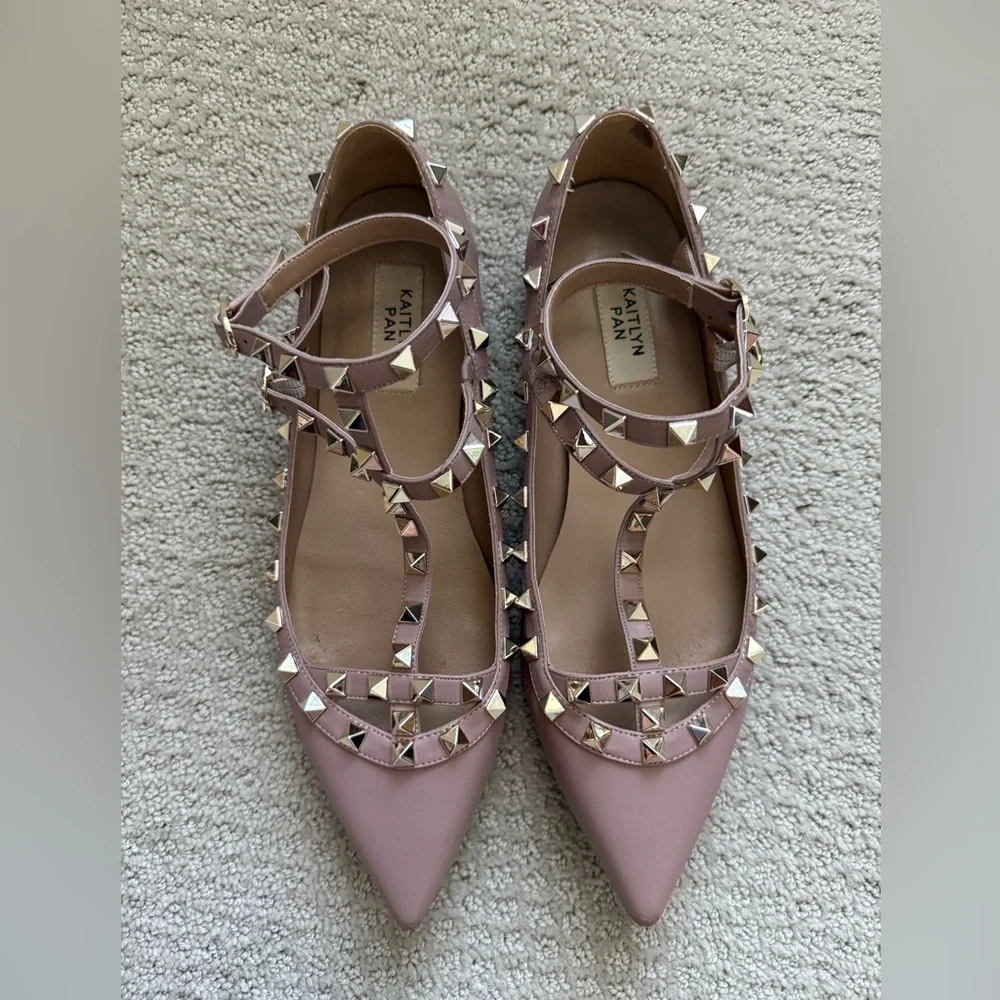 Kaitlyn Pan Women’s Rock Studded Leather Pink Pointed Flat  Shoes - Picture 8 of 9